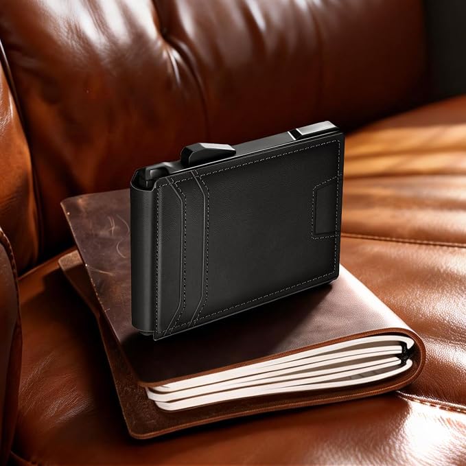 RUNBOX Wallet for Men, Mens Minimalist Wallet Holds 14 Cards, Compact Pop Up Wallet with Dual ID Windows & Money Clip, RFID Blocking Flip Up Card Holder, Metal Aluminum Credit Card Case Bifold Wallet - Image 2