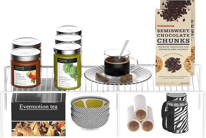 Kitchen Cabinet Expandable Shelf Organizers Set of 4, Adjustable Metal Wire Pantry Storage Shelves, Plate Dish Organizer Rack for Cabinets, Cupboard, Counter, Freezer, Countertop, White - Image 4