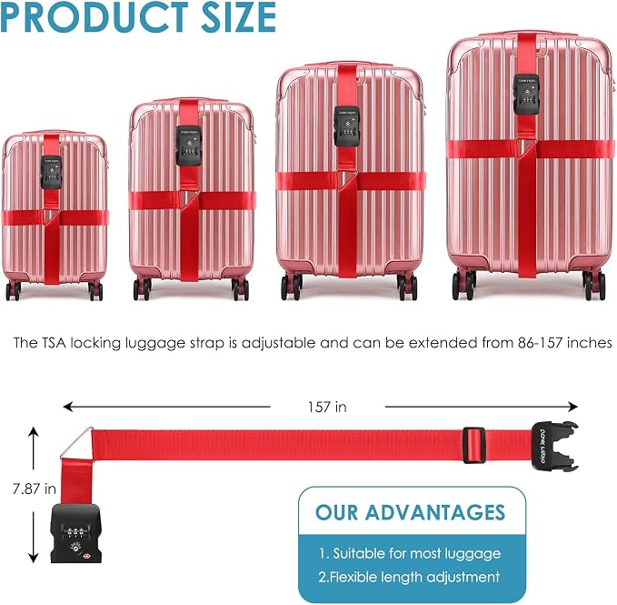 Travel Inspira TSA Accepted Long Luggage Cross Straps for Suitcases | Fits 20-28 Inch Bags; TSA-Approved Lock with Tag; Heavy-Duty Nylon; Adjustable Length; High Visibility Red; Anti-Burst - Image 9