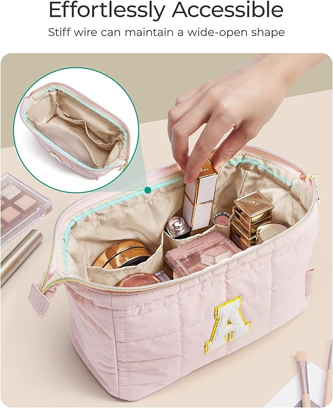BAGSMART Birthday Gifts Personalized Initial Makeup Bag, Trendy Stuff Gifts for Women Bridesmaid Graduation, Puffy Padded Make Up Bags for Women, Wide-open Toiletry Bag, Pink A - Image 4