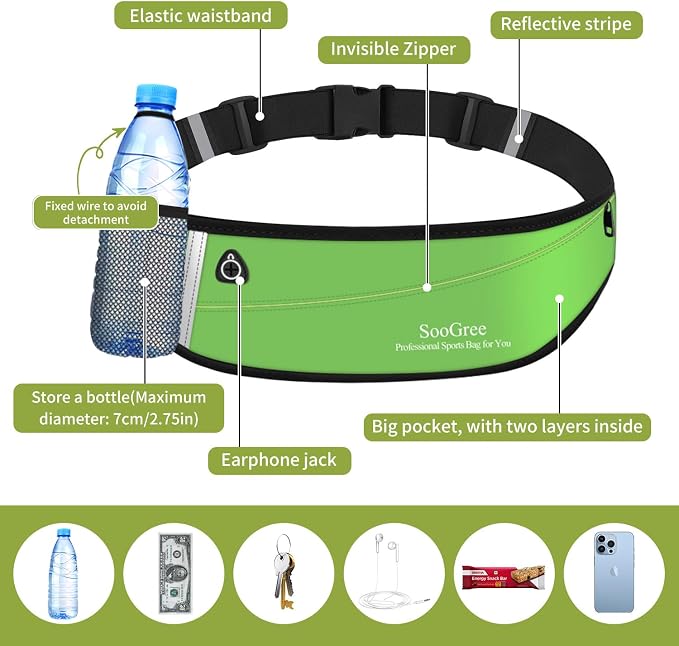 SooGree Slim Running Belt Fanny Packs for Women Men,Water Bottle Holder Hydration Fanny Pouch,Waterproof Sport Waist Pack with Reflective Strip,Runner Belt Bag for Running Cycling Camping Gym (Green) - Image 5