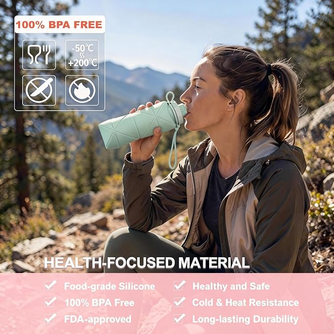 Collapsible Water Bottles 20oz (600ml), BPA-Free Silicone Foldable Portable Lightweight Reusable Water Bottle with Leak-Proof Lid & Lanyard for Outdoor Travel Cycling Gym & Camping - Image 6