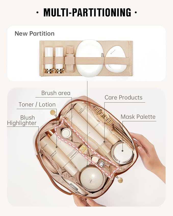 EACHY Travel Makeup Bag for Women, PU Leather Cosmetic Bag, Brown, Large | Water-resistant PU leather exterior with flat-open access, clear TPU brush compartment and organized storage for cosmetics - Image 2