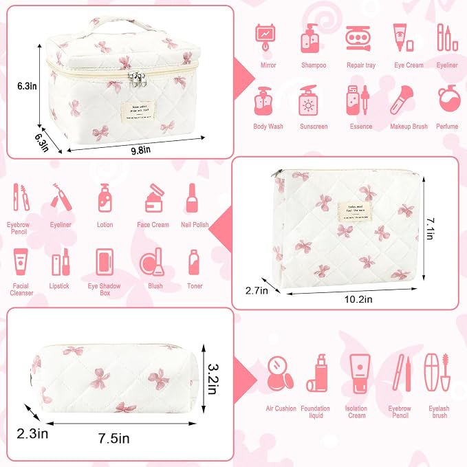 URSKYTOUS 3Pcs Cotton Quilted Makeup Bag for Women Extra Large Coquette Small Floral Travel Cosmetic Bag Set Aesthetic Cute Bow Makeup Pouch Portable Toiletry Bag Puffy Essential Storage Organizer - Image 2