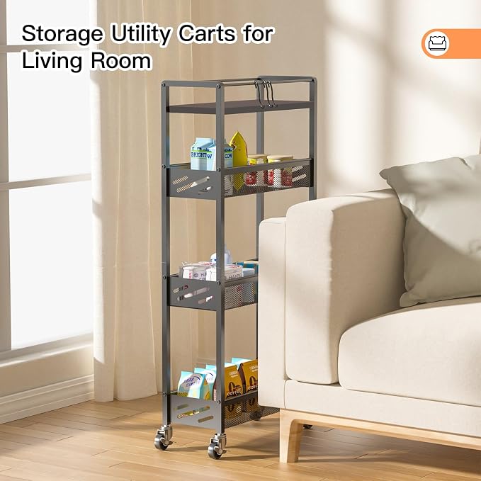DGSNADGO Slim Rolling Storage Cart, 4-Tier Narrow Kitchen Cart with Wheels | Skinny Rolling Cart, Metal Mobile Snack Shelving, Rolling Spice Rack for Small Space in Kitchen, Living Room,Bathroom, Black - Image 7