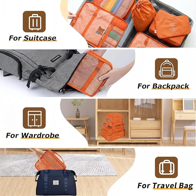 LANSKLBD 6/8 Set Packing Cubes for Suitcases Travel Luggage Packing Organizers,Travel Accessories Essentials Luggage Organizer with Shoe/Tioletry/Laundry Bag (Orange, 8 set) - Image 6