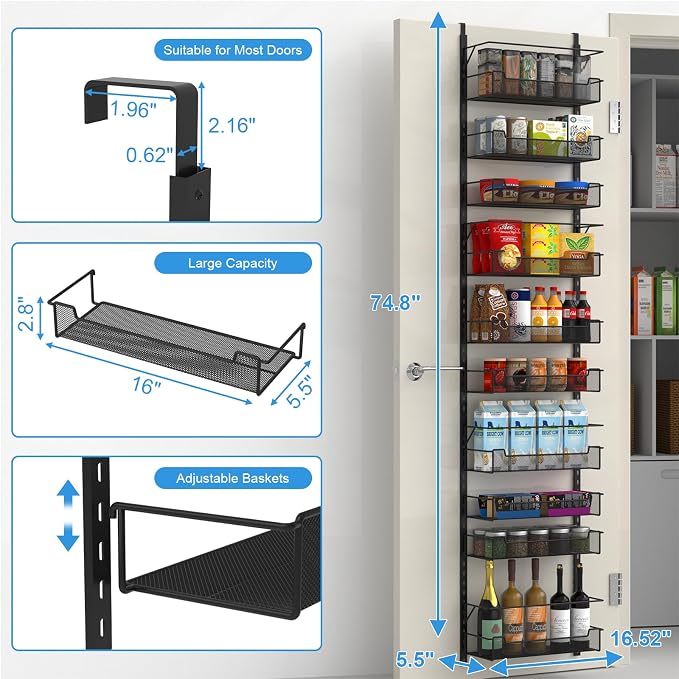 VyGrow Over the Door Pantry Organizer, 10-Tier Over the Door Organizer with Adjustable Basket, Door Organization for Pantry Kitchen Storage Room Spice Rack, Black - Image 2