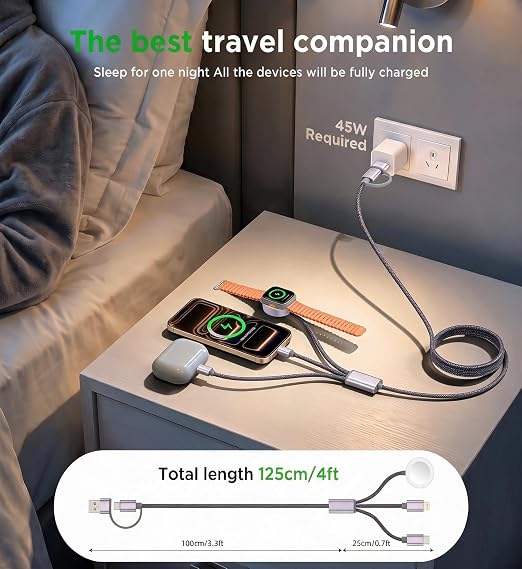 2Pack Travel Essentials for Apple Watch Charger,3-in-2 Multi Charging Cable | Cruise Vacation Camping Essentials for iPhone Charger,Type C/Lightning for iWatch,iPhone 17-12,Xbox Series X&S-4FT Gray - Image 6
