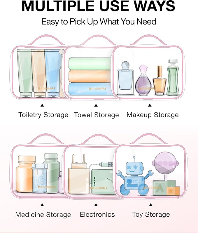 BAGSMART Clear Toiletry Bag with Handle 2-Pack TSA Approved, Pink | Water-resistant Travel Toiletry Bag, Carry On Travel Accessories Bag, Airport Airline Quart Size Bags Women Men, Makeup Bag - Image 5