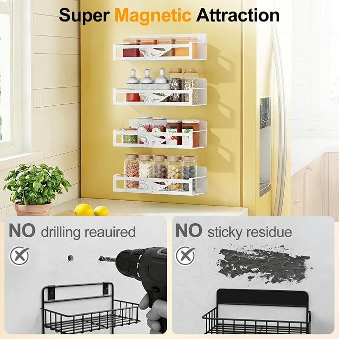 Magnetic Spice Rack for Refrigerator, 4-Pack Metal Seasoning Organizer for Kitchen Storage Organization, Space Saving Magnetic Shelf for Fridge, Pantry, Laundry Room, White - Image 7