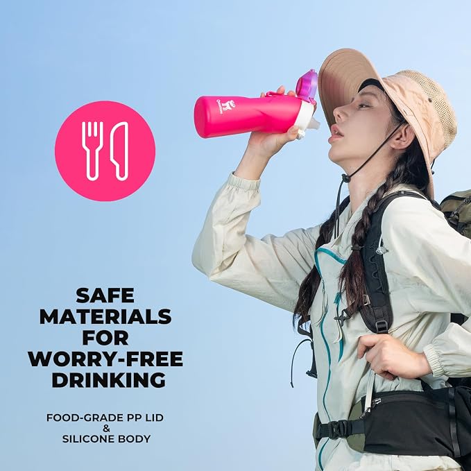 Quanture Collapsible Water Bottle 24oz (700mL), Foldable Silicone Travel Water Bottle, Leakproof & BPA-Free, with Wide Mouth & Carry Strap for Hiking, Camping, Outdoor, Pink - Image 3
