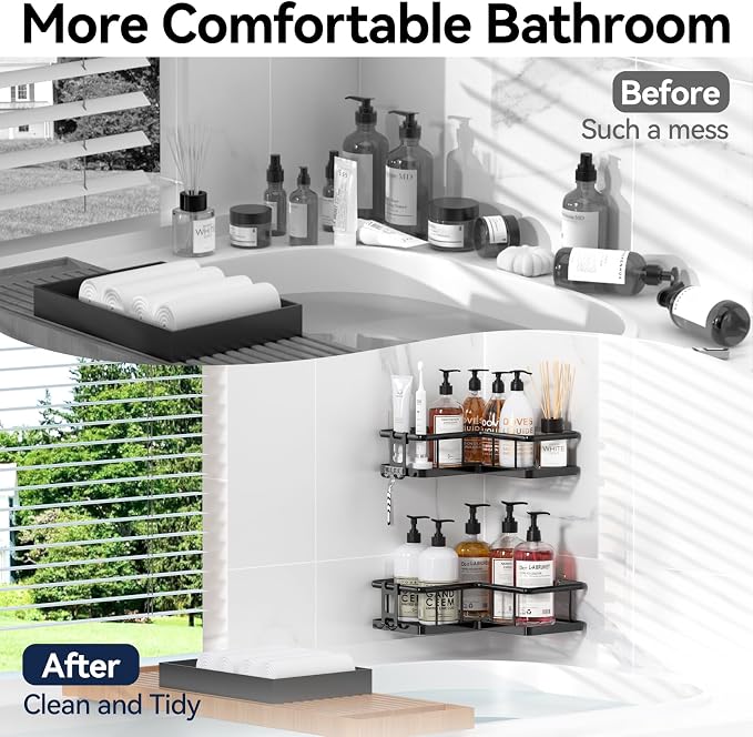 Corner Shower Caddy Adhesive, 100% Rustproof Shower Organizer, No Drill Shower Shelf for Inside Shower, Wall-Mounted Shower Storage for Homes (2 Pack, Black) - Image 8