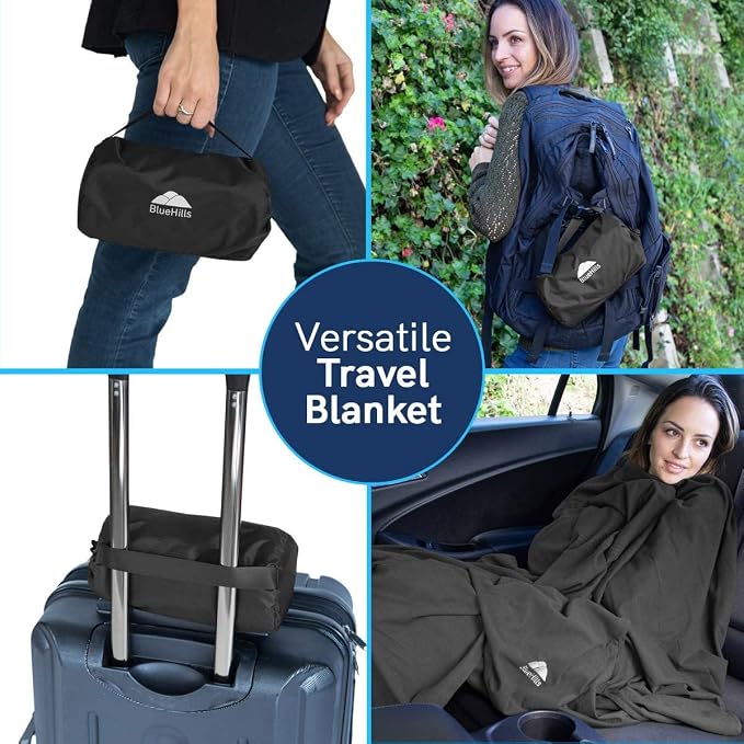 BlueHills Ultra Compact and Compact Light Travel Blankets for Two Value Pack Set of 2 – Airplane Travel Essentials Soft Flight Trips Throw in Portable Cases for Car Plane Travel Gifts – Black - Image 8