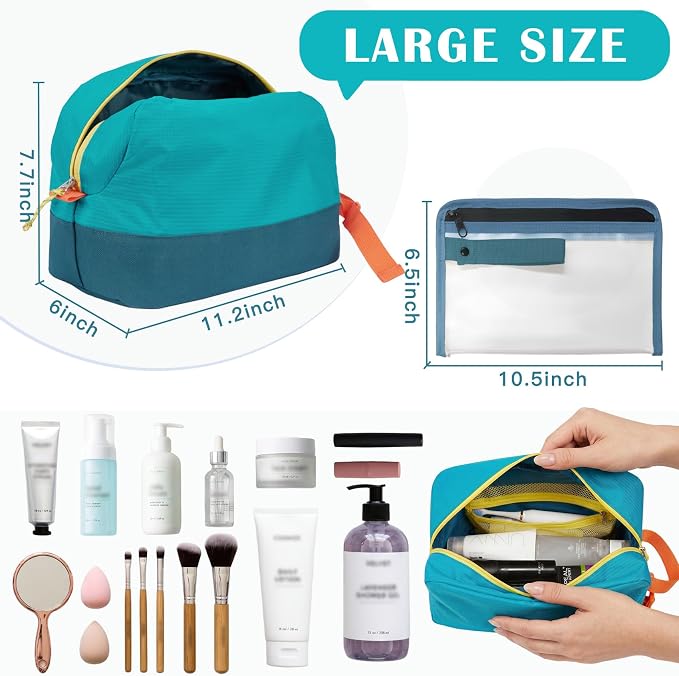 Waterproof Makeup Bag For Women Girls Men,Two-Tone Colorblock Travel Toiletry Bag With Wet Pocket & Removable Transparent Bag, 8L Large Capacity Lightweight Vacation Essentials (Light Blue+Dark Blue) - Image 2