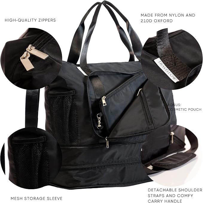Large Travel Bag - Foldable & Expandable Carry-On Bag with Shoe Compartment, Water Bottle Pocket, Luggage Sleeve, Cosmetic Case - Image 7