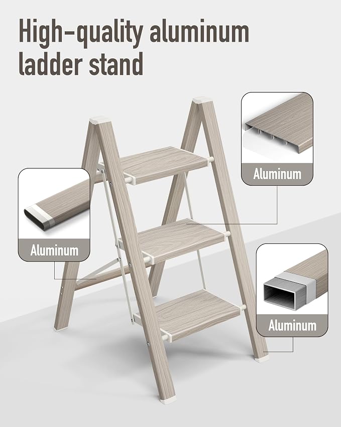 Mayi Plus 3 Step Stool Foldable, Aluminum, Lightweight Step Ladder | Extra-wide anti-slip folding steps with 330 lbs, for home,kitchen,office,outdoor,Fir woodgrain - Image 2