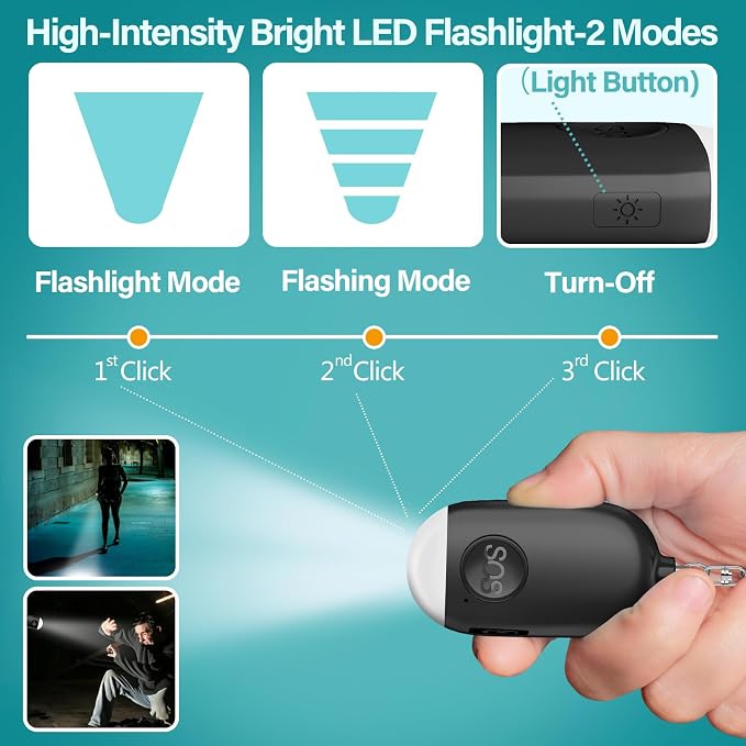Hion Personal Safety Alarm for Women, 3 Pack Rechargeable 130dB Self Defense Keychain with LED Flashlight, Emergency Safe Sound Security Alarm for Children Elderly, White+Pink+Black - Image 4