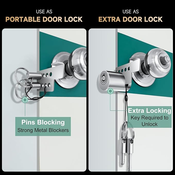 Portable Keyed Door Lock for Home/Travel Security, Extra Door Lock | Keyed & Keyless Locking Available, Child Safety Protection, Temporary No Drill Door Lock, All-Metal Construction - Image 3