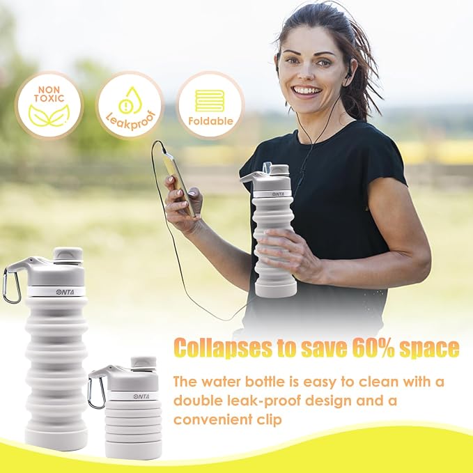 ONTA Collapsible BPA Free Silicone Water Bottle, 20oz - Portable, Leakproof, Easy Clean, Shatter Resistant, Travel Friendly - Image 2