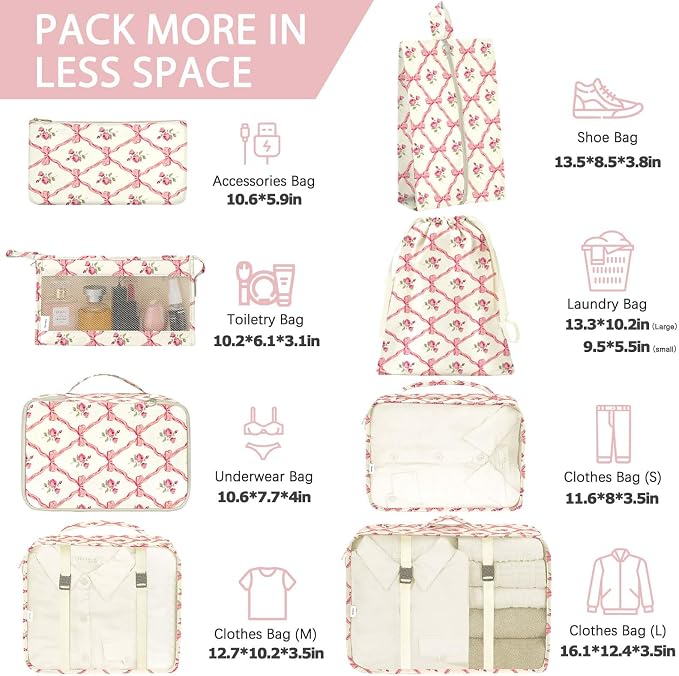 KPX 8 Set Packing Cubes for Travel, Luggage Packing Organizers Accessories Large Toiletries Bag for Clothes Shoes Cosmetics (8Set-Flower & Bow) - Image 2
