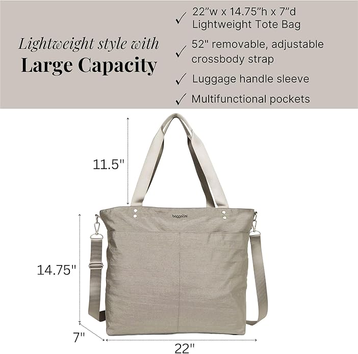 Baggallini Carryall Tote - Lightweight Nylon Zipper Top Weekender Travel Beach Bag w/Luggage Sleeve - Image 4