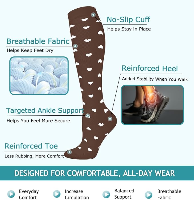 8 Pairs Compression Socks Women Men 15-20mmHg Knee High Support Circulation | Copper Nylon Graduated Stockings,Leg Fatigue, Nurses, Pregnancy, Running, Travel, Flight, Athletic, Medical - Image 4