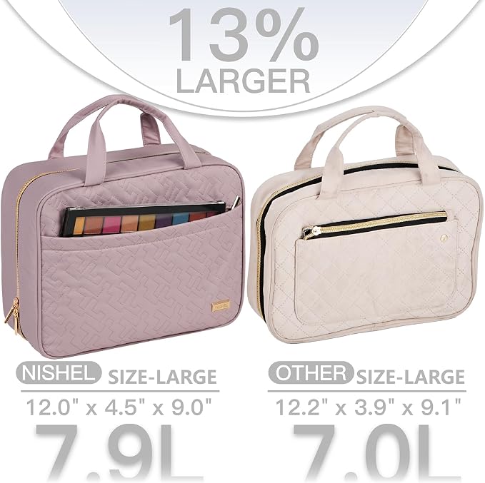 NISHEL Travel Toiletry Bag for women, Portable Hanging makeup Organizer | for Travel-Sized Shampoo, Conditioner, Brushes Set, makeup Accessories, Large Size, Peach Pink - Image 3