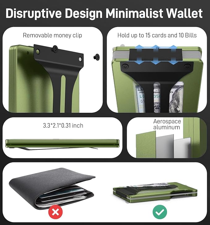 Minimalist Wallet for Men, Slim Metal RFID Blocking Wallet Credit Card Holder Money Clip & Cash Strap, Scratch-Resistant Holds 15 Cards,Ideal Gift for Men | -Matt Green - Image 4