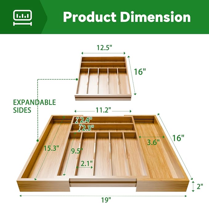 Simple Trending Expandable Bamboo Kitchen Drawer Organizer, Natural | Adjustable Silverware Organizer with 9 Compartments, Practical Utensil Cutlery Tray for Flatware, Flexible Storage - Image 2