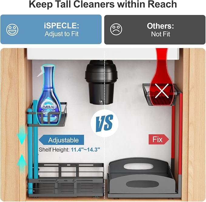 Under Kitchen Sink Organizer - L-Shaped Pull Out Shelf, 2 Pack | L-Shaped Fit Around Garbage Disposal, Adjustable Shelves, Pull Out Access, For 30-36 Inch Sink Cabinet, 2 Pack Black - Image 4