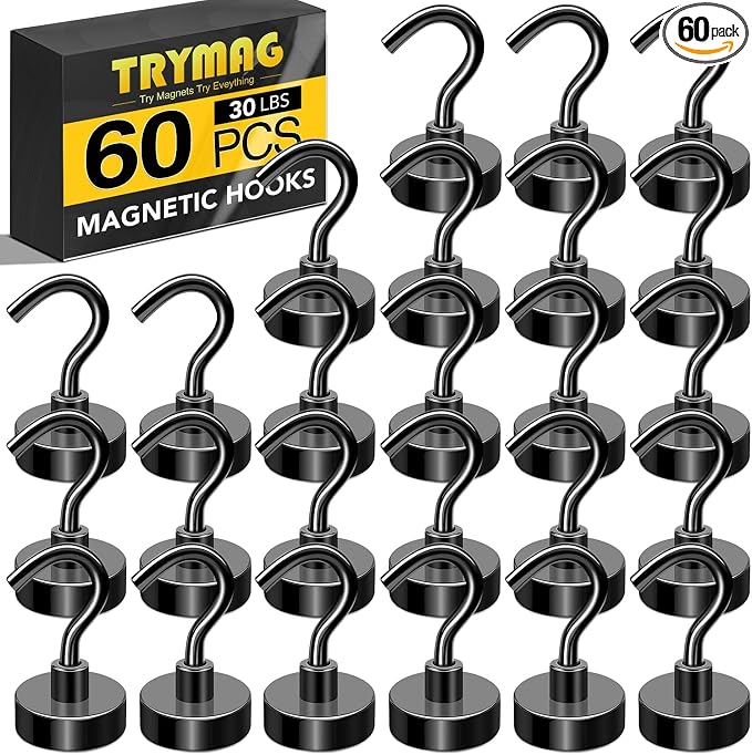 Magnetic Hooks for Cruise Cabins, 30LBS+, 60 Pack, Black | Cruise Essentials 2026, Heavy Duty Magnets Hooks for Refrigerator, Storage, Grill, Hanging and Kitchen by TRYMAGMagnets