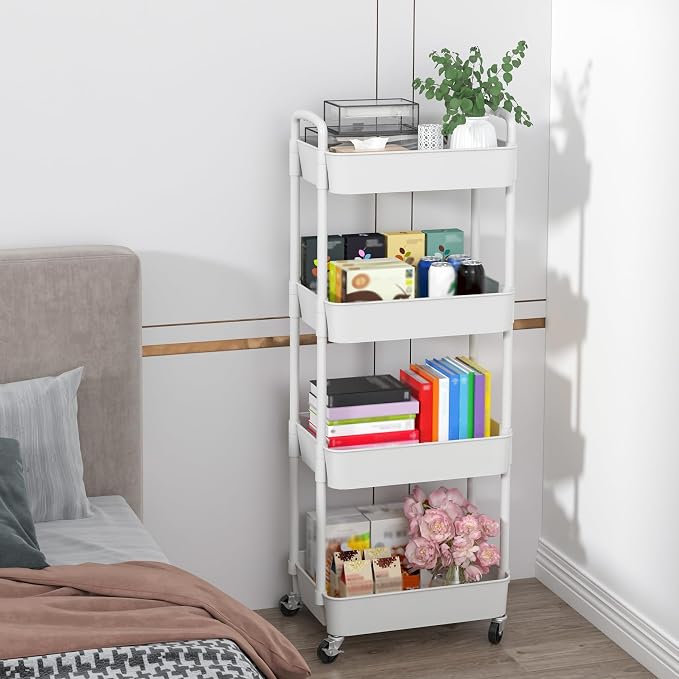 Sywhitta 4-Tier Plastic Rolling Utility Cart with Handle, Multi-Functional Storage Trolley for Office, Living Room, Kitchen, Movable Storage Organizer with Wheels, White (Pack of 2) - Image 7