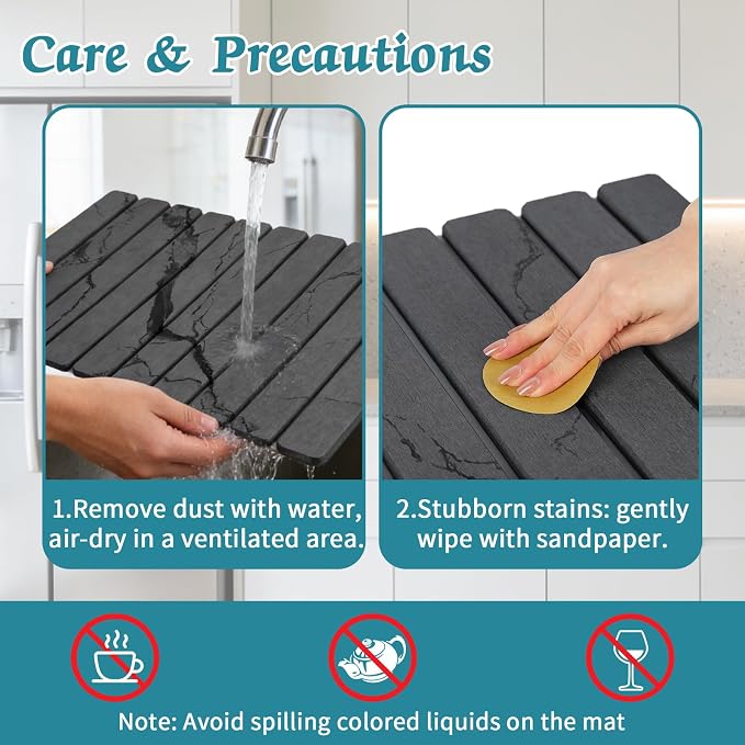 Stone Dish Drying Mat for Kitchen Counter, 24 x 16 Inch(Dark Gray Marble) | Absorbent diatomaceous earth and PVC, folds for compact storage, suitable for dishes, cups, bottles, or a bathroom floor mat - Image 3
