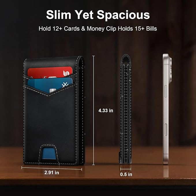 Slim Genuine Leather Wallet: Thin RFID Wallet 12+ Card Hold | Top Grain Leather Wallet with Magnetic Money Clip Inside - Minimalist Front Pocket Wallets - Gifts for Men with Gift Box - Image 8