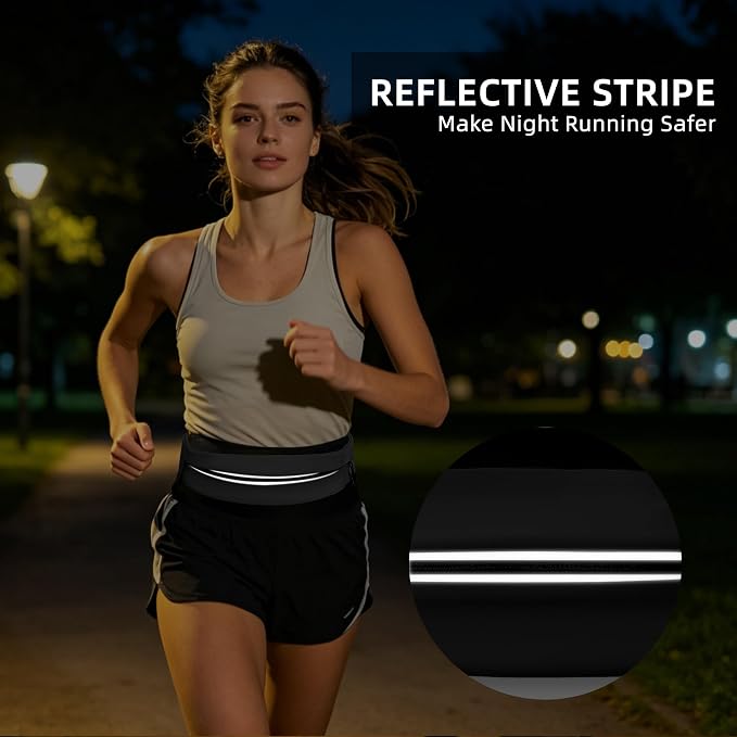 Running Belt for Men Women, Water-resistant Fanny Pack with 3 Zipper Pockets & Reflective Safety Strips, Adjustable Waist Pack Jogging Pouch for Phone, Keys & Essentials (Black, X-Large) - Image 5