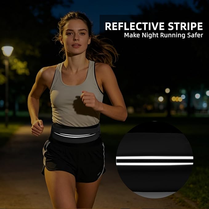 Running Belt for Men Women, Water-resistant Fanny Pack with 3 Zipper Pockets & Reflective Safety Strips, Adjustable Waist Pack Jogging Pouch for Phone, Keys & Essentials (Black, Small) - Image 5