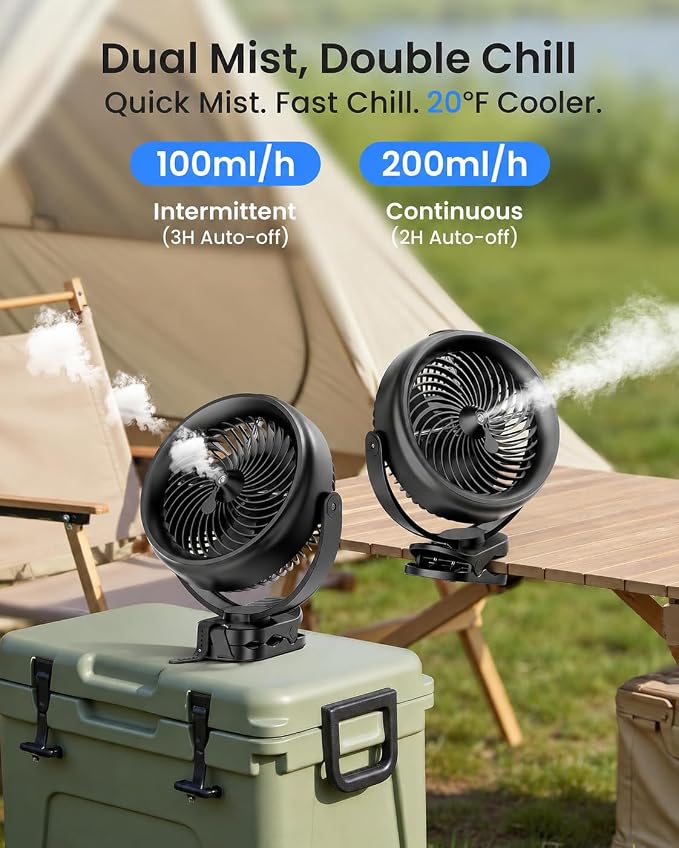 Koonie 8'' 10000mAh Battery Operated Misting Fan with Max. 48 Hrs Runtime | Portable Mist Desk Fan with Clip, 3 Speeds, 2 Spray Modes, 200ML Tank for Golf Cart Home Office Travel Camping Stroller - Image 4