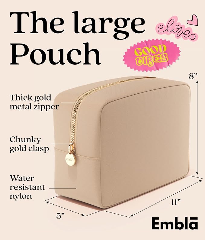 Embla Large Makeup Bag and Waterproof Nylon Travel Toiletry Bag, Large Capacity Cosmetic Zipper Pouch, Beige - Image 2