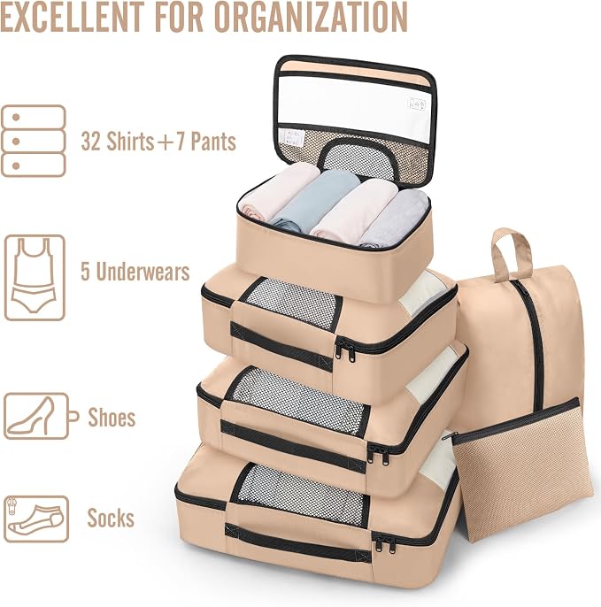 Veken 8 Set Packing Cubes for Travel Essentials, Suitcase Organizer Bags in 4 Sizes, Carry-On Luggage Accessories with Laundry Bag, Airplane Must Have with 99-Count Mesh Holes - Image 5