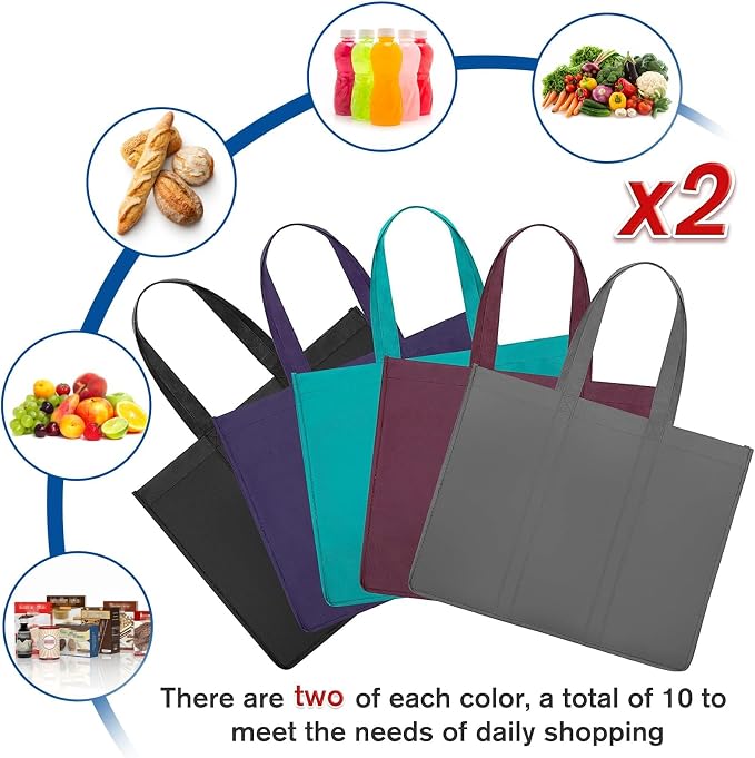 Reusable Grocery Shopping Bags 10 Pack Large Foldable Tote Bags Bulk | Eco Produce Bags with Long Handle for Shopping Groceries Clothes (New 5 Colors) - Image 5