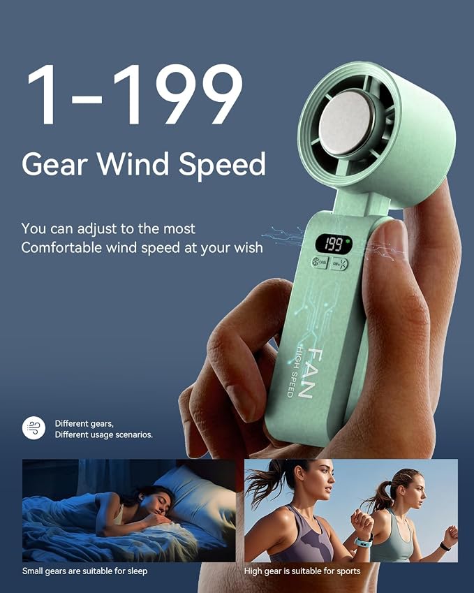 Handheld Portable Turbo Fan with Ice Cooler, Speed (1-199) 5500mAh Rechargeable Personal Fan,[20H Cooling Time] Mini Yet Powerful [20000 RPM] Small Pocket Fans for Travel/Outdoor/Office, Light Green - Image 3