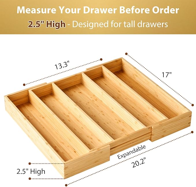 Expandable Kitchen Drawer Organizer, 2.5" High Bamboo Utensils Silverware Tray, Adjustable Large Deep Wood Organization Holder - Image 2
