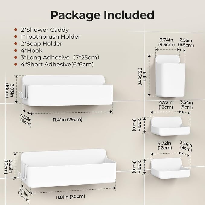 Orimade Shower Caddy 5-Pack, No-Drill Adhesive Shelves for Bathroom, Rustproof ABS Storage Organizer Set, White - Image 7