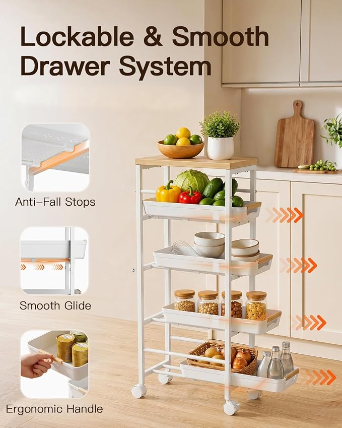 Pipishell Slim Storage Cart, Wooden Top Narrow Kitchen Storage Cart, White | 5 Tier Skinny Rolling Cart with Pull-Out Baskets, Vented Design & Lockable Wheels for Kitchen, Bathroom, Laundry Room - Image 2