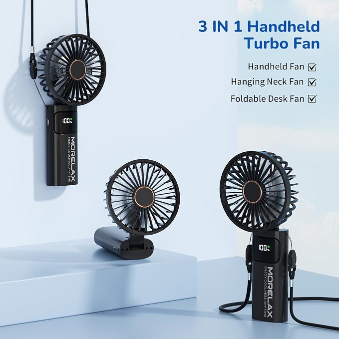 Portable Handheld Fan, USB Rechargeable Foldable Mini Personal Fan, 5200mAh, 180 Adjustable, 6 Speed Wind, 3 IN 1 Hand Cooling Desk Fan with LED Display for Home Office School Outdoor Travel, Black - Image 4
