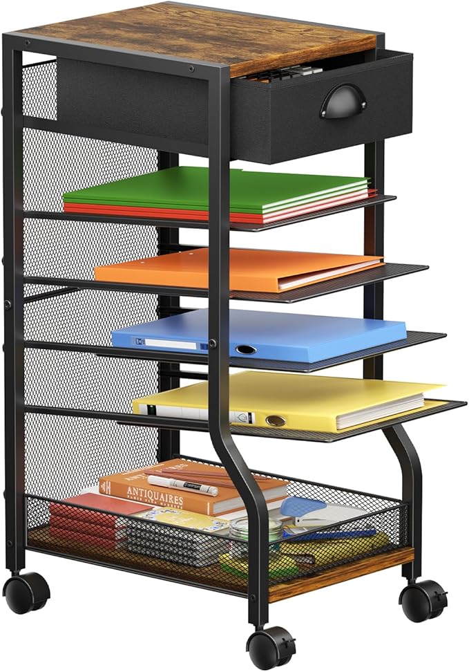 keomaisyto 6-Tier Rolling File Cart with Drawer, Under Desk Storage with Paper Letter Sliding Trays, Standing File Organizer with Wheels, Slim Workspace Organizers for Office/Home/School/Study by keomaisyto