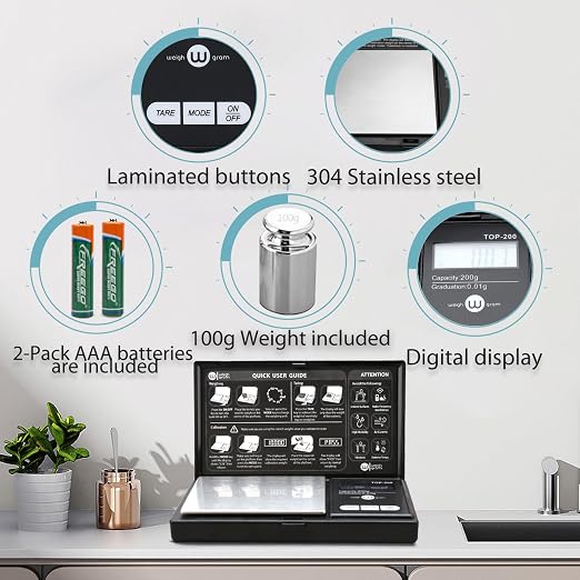 Digital Pocket Gram Scale 200g x 0.01g High Precision with 100g Calibration | Mini Scale Weighs Kitchen Small Food, Jewelry, Ounces, Grains, LCD Display, Tare Function With 100g Calibration Weight - Image 3