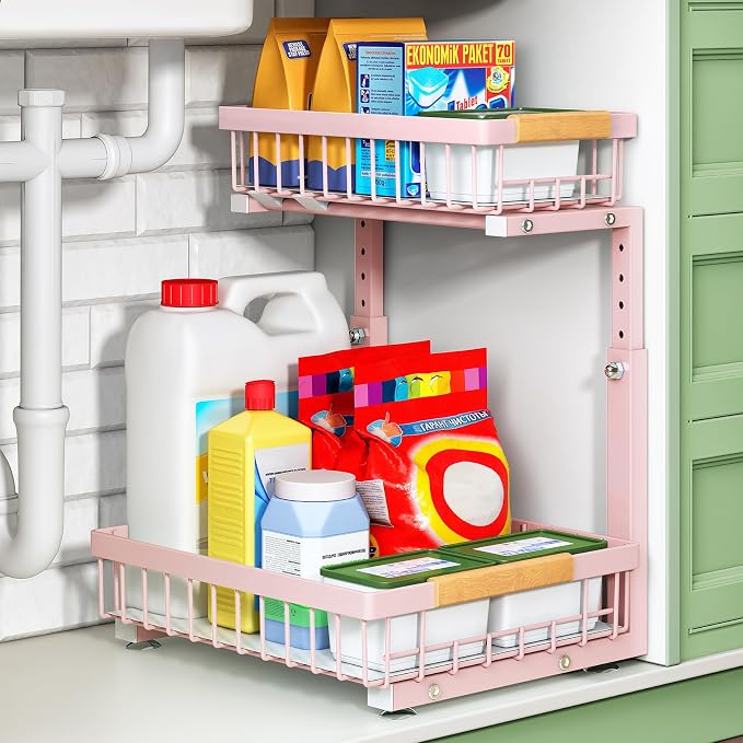 Kitstorack Under Sink Organizer, 2 Tier Under the Sink Storage, Slide out Pull out Cabinet Organizer Shelf, Metal Sliding Drawer for Kitchen Bathroom Pantry Closet Organization Rack, Pink, 1 Pack by Kitstorack