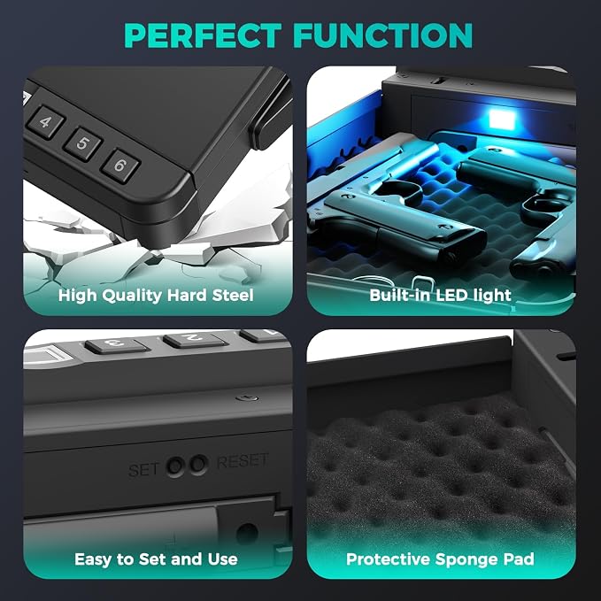 Gun Safe for Handgun Biometric Gun Safe for Car Pistols Safe, Quick Access Handgun Safe with Fingerprint PIN or Key Rechargeable Lock Case, for Home Car Travel Nightstand Bedside or Drawer - Image 5