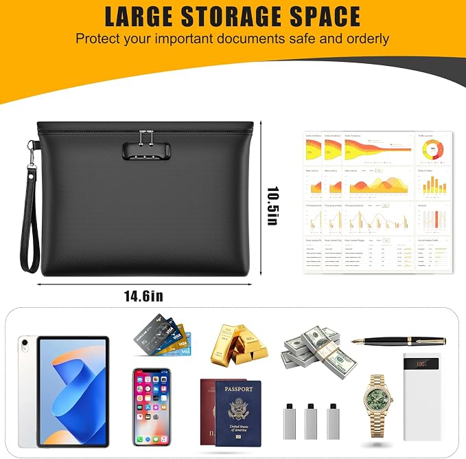 5200℉ Fireproof Document Bag with Lock,Money Pouch,14.3"x10.2" | Waterproof,Zipper Closure, Portable Safe Storage for Letter Size Files, Cash, Cell Phone, Tablet, Card, Passport, Black - Image 2